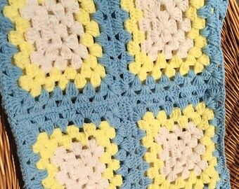 Baby Afghan in White, Light Yellow and Light Blue, 36" x 45"