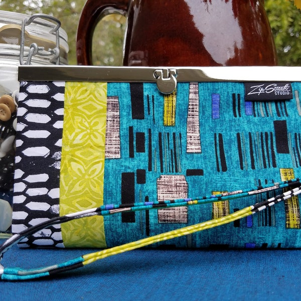 Unique Wristlet Wallet with Silver toned Frame; Black, White, Citron and Blue Fabrics; Gifts for Her; Best Friend Gift; ZipStitchStudio