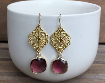 Burgundy Chandelier Earrings, Garnet Earrings, Gold Earrings, Drop Earrings, Dangle Earrings, Bridesmaid Gift, Bridal Earrings