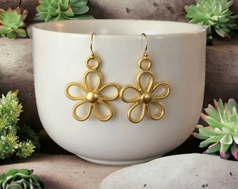 Gold Flower Earrings, Gold Earrings, Drop Earrings, Dangle Earrings, Matte Gold Earrings, Matte Gold Flower Earrings, Flower Power