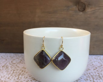 Amethyst Diamond-Shaped Earrings, Gold Earrings, Amethyst Earrings, Drop and Dangle Earrings, Amethyst Gold Earrings, Crystal Earrings