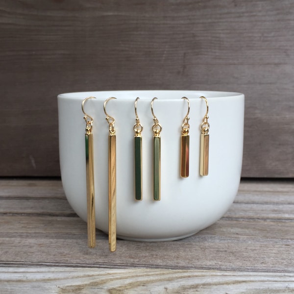 Dangle Gold Bar Earrings, Skinny Gold Bar Earrings, Gold Earrings, Dangle Earrings, Short Bar Earrings, Long Bar Earrings, Gold Bar Earrings