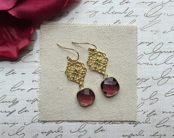 Burgundy Chandelier Earrings, Garnet Earrings, Gold Earrings, Drop Earrings, Dangle Earrings, Bridesmaid Gift, Bridal Earrings