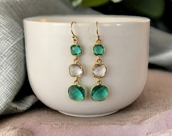 Gold Dangle Earrings Gemstone Earrings Green Topaz Earrings Clear Quartz Jewelry Mother's Day Gift Gold Jewelry Gold Filled Jewelry