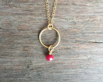 Ruby Circle Necklace, Gold Necklace, Ruby Necklace, Karma Circle Necklace, July Birthstone, Dainty Necklace, Gemstone Necklace, Minimal