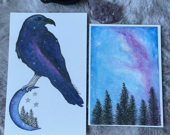 Tirages d’art - Impression d’art Galaxy Raven 5.5 x 8.5, impression d’autel, impression aquarelle. GalaxyScape art print 5x7in. Art de l’autel.