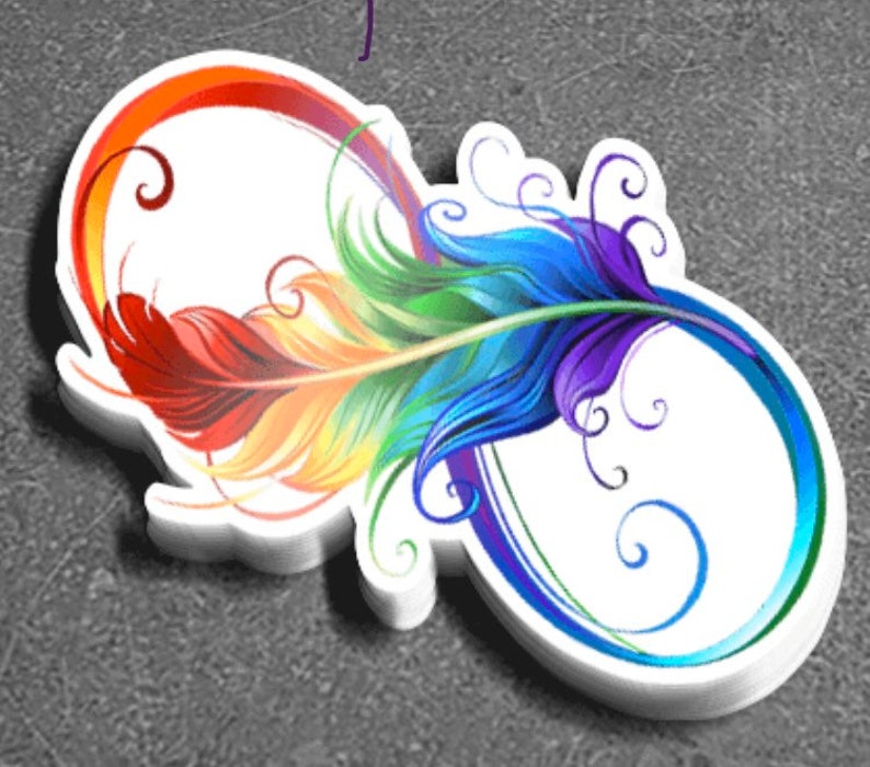 Rainbow Feather Clear Vinyl Sticker for Laptop Decal, Skateboard, Notebook Infinity Symbol Design image 3