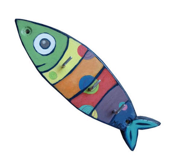Accroche-Clés ou Accroche-Torchons Sardine Arc-En-Ciel en Bois