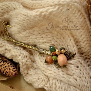 Bronze Shawl Pin: Agate, Jasper, Coral Brooch