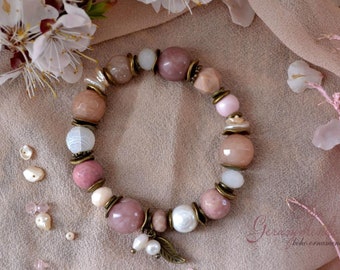 Strawberry quartz bracelet, gem stone bracelet, rhodonite bracelets, pink bracelet, gemstone large bracelet
