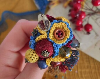 Crochet Flower Brooch: Citrine, Agate & Jasper Gem Pin