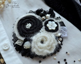 Crochet Flower Brooch: Black and White Mohair Pin with Pearls