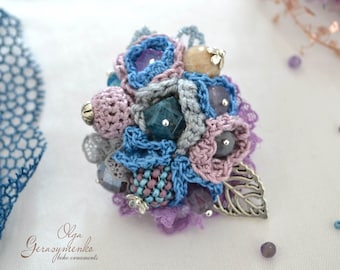 Crochet Flower Brooch: Amethyst Gem Collar Pin