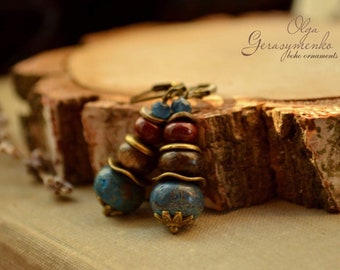 Multi-Stone Jasper Earrings: Bronzite, Sapphire, Boho Leverback Jewelry