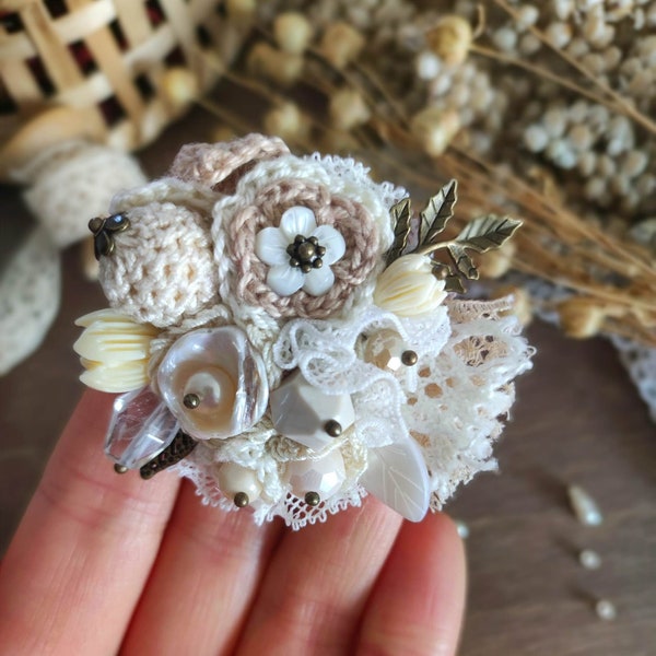 Crochet brooch, collar pins, gem brooch, floral brooch, sweater pin, pearl pin, small brooch woman, bohemian jewelry