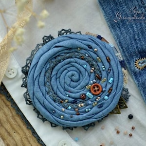 Denim brooch, fabric brooch, blue flower pin, scarf pin, jeans brooch, sweater pin, vintage style pin, denim jewelry