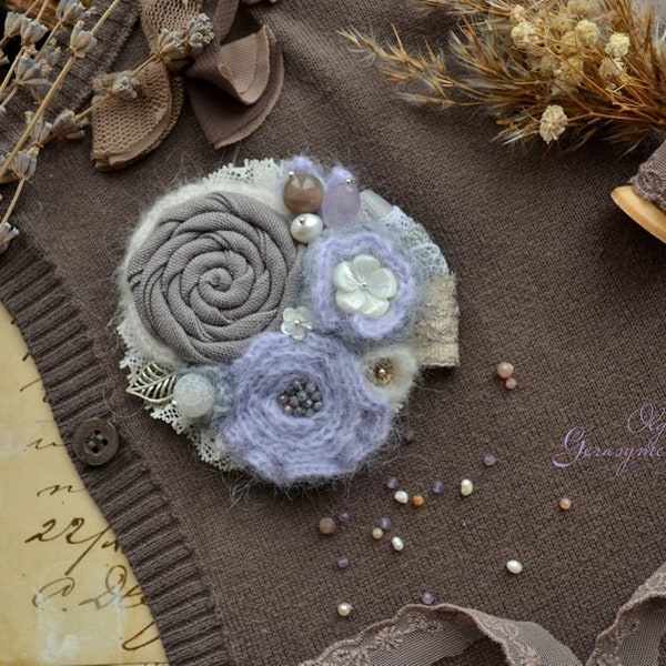 Elegant brooch, fabric flower brooches, crochet brooch, dress brooch, textile jewelry, lilac brooch