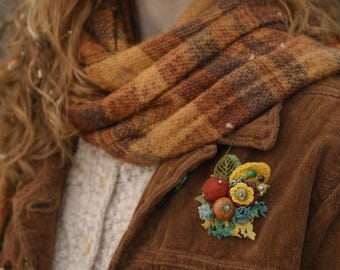 Crochet Flower Brooch: Autumn Sweater Pin with Agate, Garnet & Jade