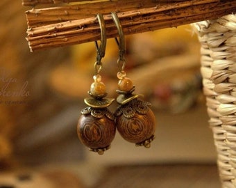 Rustic Wooden Earrings: Fossil Coral Boho Dangles