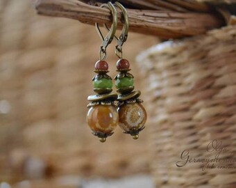 Fossil Coral Boho Earrings: Aventurine & Czech Glass