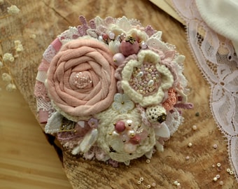 Handmade Fabric Flower Brooch | Rhodonite, Pearl & Lace Textile Pin