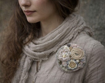 Crochet Flower Brooch: Pastel Textile Pin with Pearls & Lace