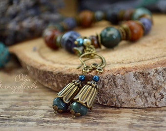 Green agate earrings, colorful earrings, rustic earrings, bronze earrings, agate jewelry, miniature earrings