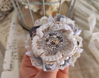 Crochet flower brooch, small brooch, gem brooch, collar pins, pearl brooch, bohemian jewelry, beige brooch