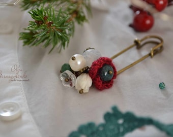 Handmade Pearl & Agate Safety Pin Brooch: Silk Flower Sweater Pin