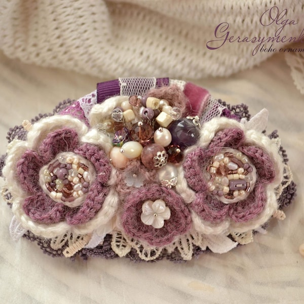 French hair barrette, flower hair clips, purple barrette, shabby chic hair clip, crochet hair jewelry, hair accessories