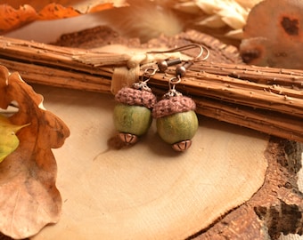 Handmade Acorn Earrings: Sandalwood, Crochet, and Copper Autumn Jewelry