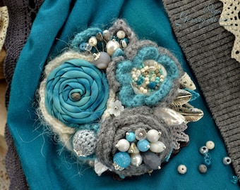Turquoise Crochet Brooch: Boho Fabric Flower Pin