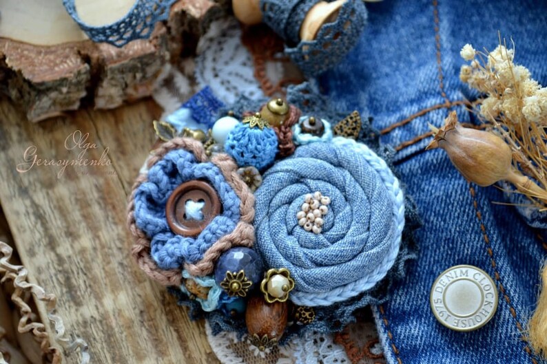 crochet flower pin Denim brooch jeans jewelry textile brooch beaded brooch fabric brooch