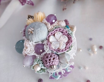 Crochet Flower Brooch: Amethyst, Aquamarine & Pearl Gemstone Pin