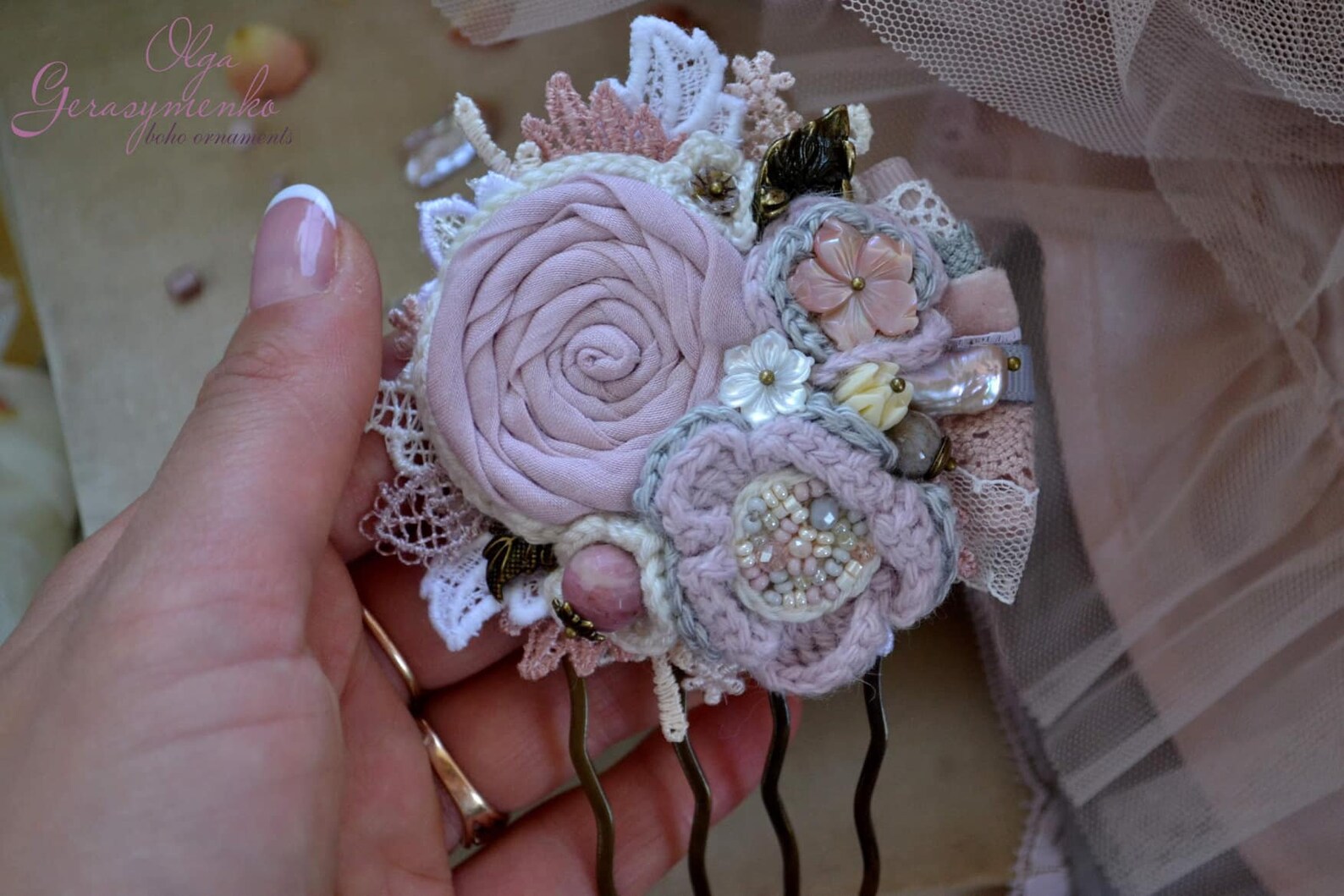 Flower Hair Comb Crochet Hair Pin Pink Hair Comb Hair Etsy