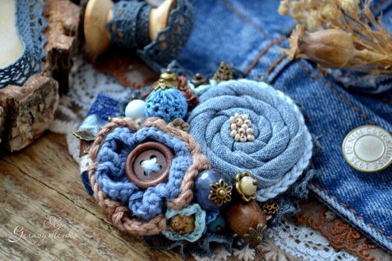 crochet flower pin Denim brooch jeans jewelry textile brooch beaded brooch fabric brooch
