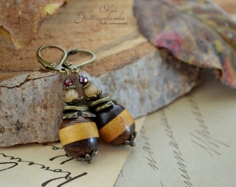 Wooden earrings, casual earrings, rustic jewelry, citrine earrings, wooden jewelry, dark and light wood earrings