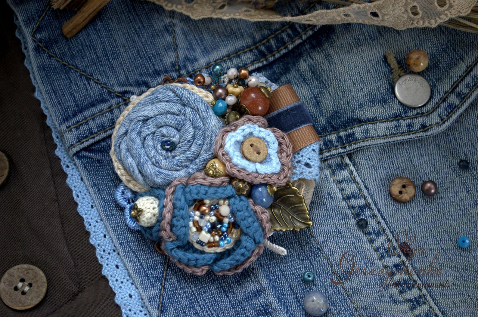 Denim Brooch Fabric Brooches Blue Flower Brooch Crochet - Etsy
