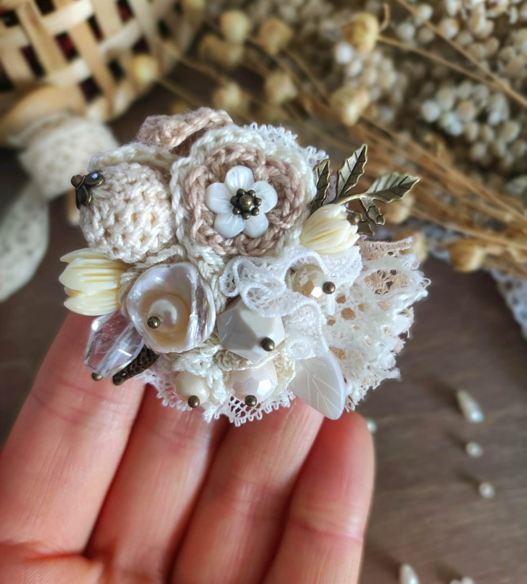 Crochet Brooch, Collar Pins, Gem Brooch, Floral Brooch, Sweater Pin