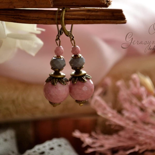 Rhodonite earrings, pink stone earrings, leverback earrings, aesthetic earrings, bohemian jewelry