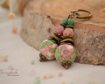 Jade & Rhodonite Earrings: Antique Bronze Dangle Earrings