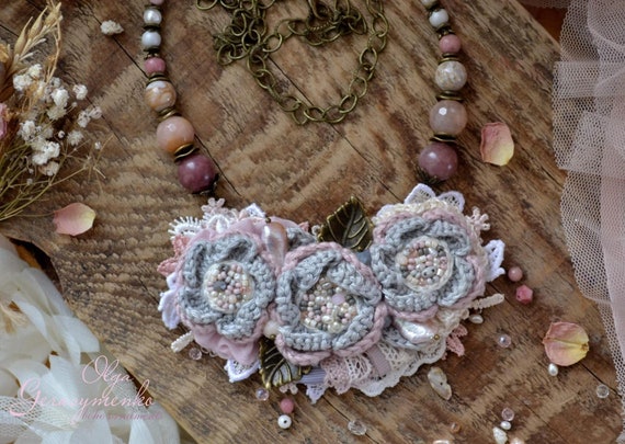 Crochet Floral Statement Necklace: Pink Beaded Boho Jewelry 