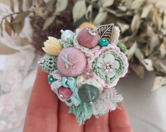 Crochet Flower Brooch: Rhodonite, Quartz & Pearl Gem Pin