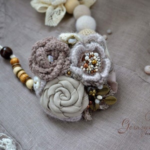 Сrochet pin, beaded floral pin, boho brooch, grey pin, fabric brooches, jacket brooch, textile jewelry