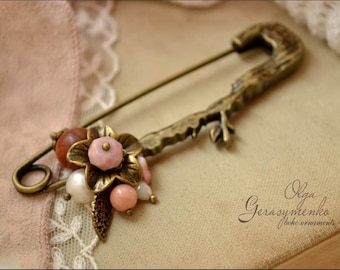 Large Safety Pin Brooch: Pearl & Rhodonite Antique Bronze Cardigan Pin