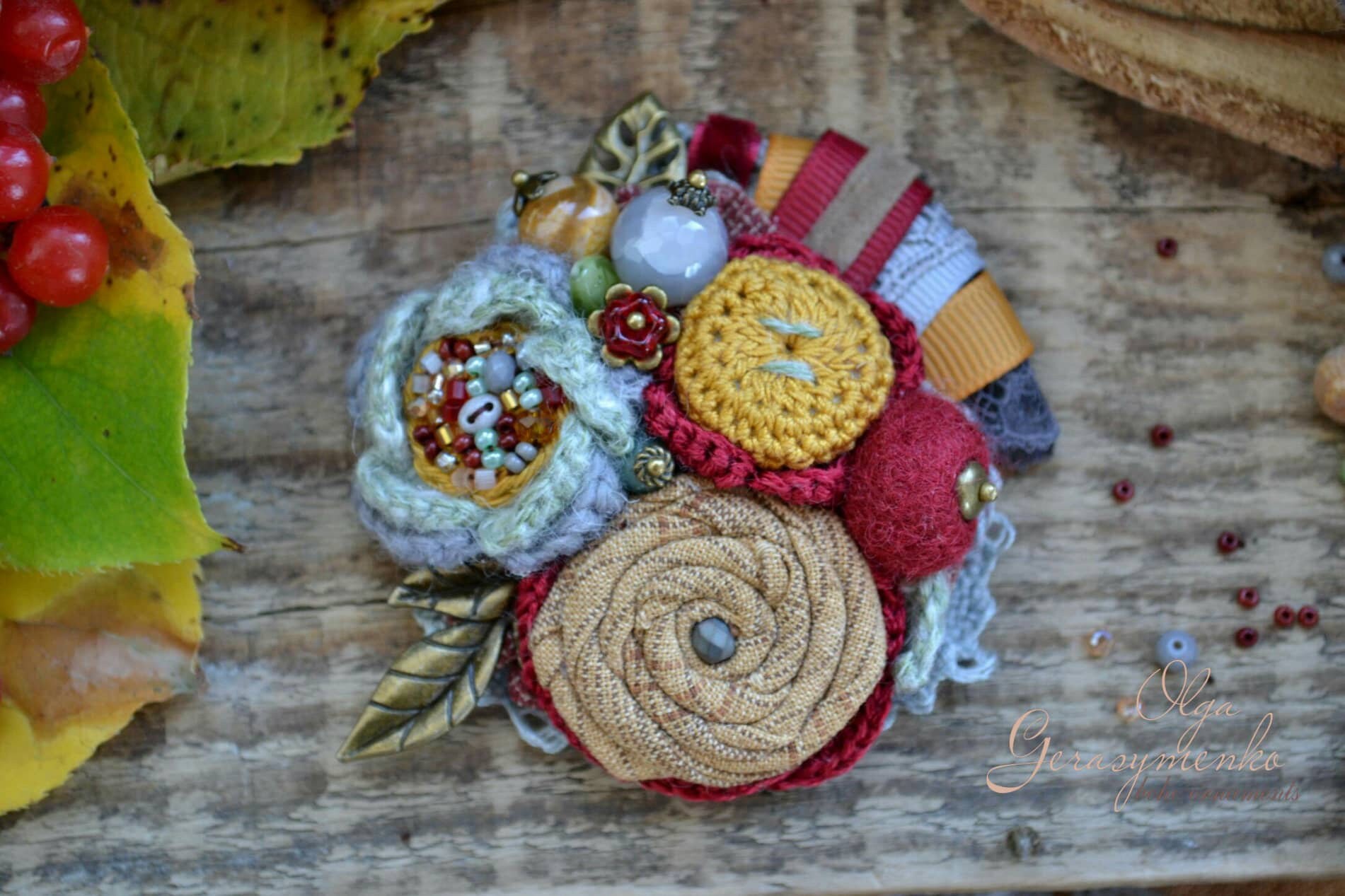 Autumn Brooch Crochet Pin Textile Brooch Fall Pin Fabric Etsy