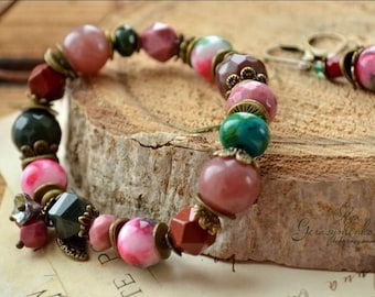 Jade bracelet, color gem bracelet, pink bracelet, rhodonite bracelet, jasper bead bracelet, strawberry quartz jewelry
