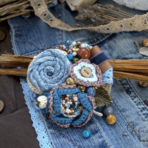 Denim brooch, fabric brooches, blue flower brooch, crochet pin, jacket brooch, statement brooch, colorful jewelry