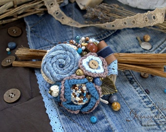 Denim brooch, fabric brooches, blue flower brooch, crochet pin, jacket brooch, statement brooch, colorful jewelry