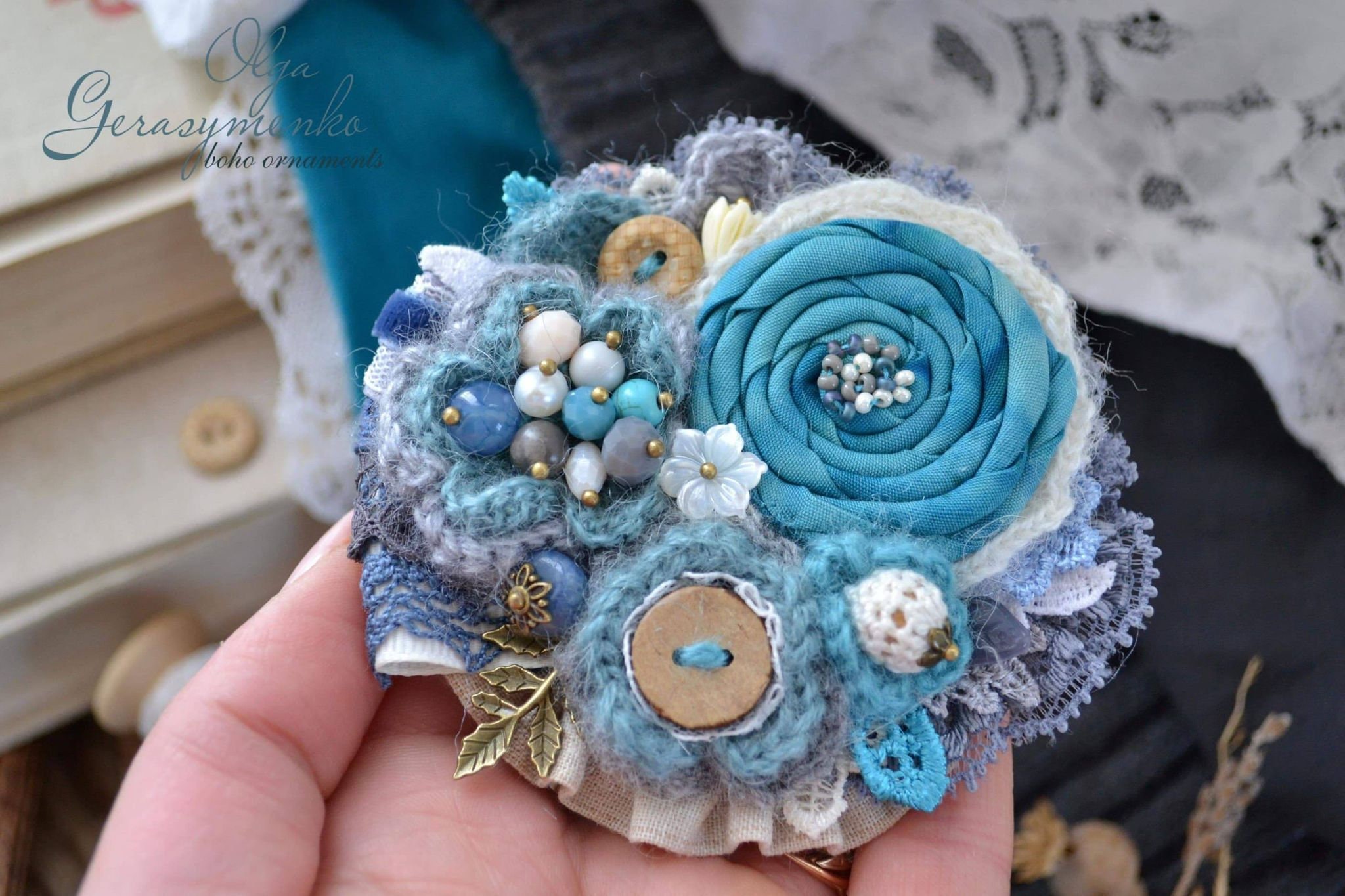 Fabric Flower Brooch Crochet Pin Colored Floral Brooch Statement Brooch Turquoise Pin Textile Jewelry Etsy